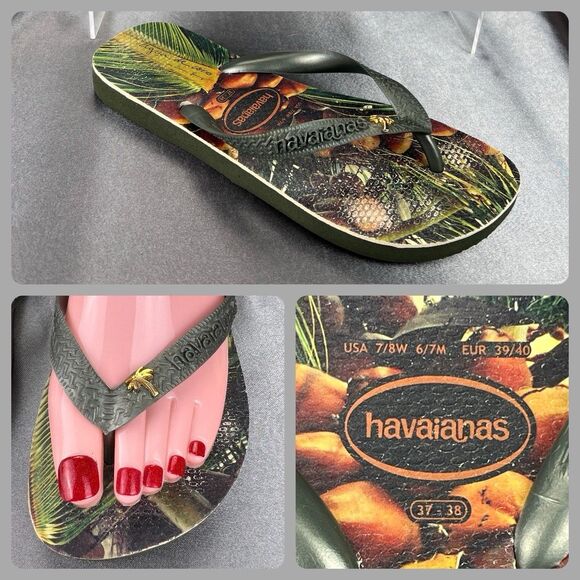 Havaianas x Aqua de Coco Flip Flops Women's US 7.5 Palm Tree Charm Green Thongs - Picture 1 of 17